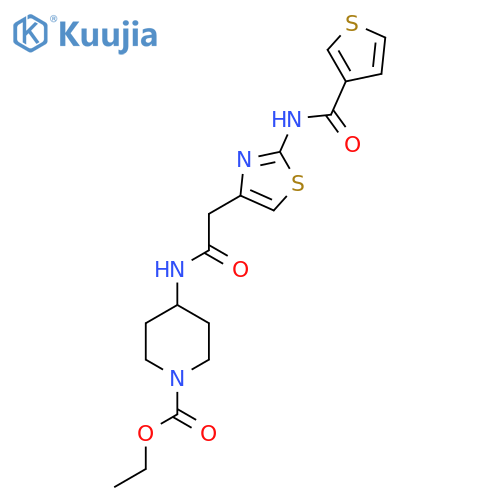 ethyl 4-{2-2-(thiophene-3-amido)-1,3-thiazol-4-ylacetamido}piperidine-1-carboxylate structure