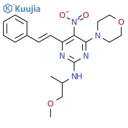 N-(1-methoxypropan-2-yl)-4-(morpholin-4-yl)-5-nitro-6-(E)-2-phenylethenylpyrimidin-2-amine structure