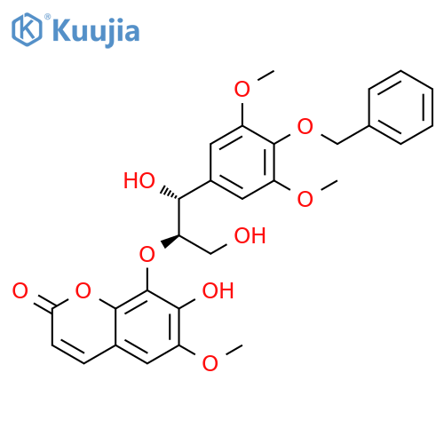 2H-1-Benzopyran-2-one, 8-[(1R,2R)-2-[3,5-dimethoxy-4-(phenylmethoxy)phenyl]-2-hydroxy-1-(hydroxymethyl)ethoxy]-7-hydroxy-6-methoxy-, rel- structure