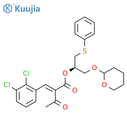 (2R)-1-(phenylthio)-3-(tetrahydro-2H-pyran-2-yloxy)propan-2-yl 2-(2,3-dichlorobenzylidene)-3-oxobutanoate structure