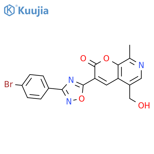 3-[3-(4-bromophenyl)-1,2,4-oxadiazol-5-yl]-5-(hydroxymethyl)-8-methyl-2H-pyrano[2,3-c]pyridin-2-one structure