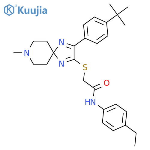 2-{3-(4-tert-butylphenyl)-8-methyl-1,4,8-triazaspiro4.5deca-1,3-dien-2-ylsulfanyl}-N-(4-ethylphenyl)acetamide structure