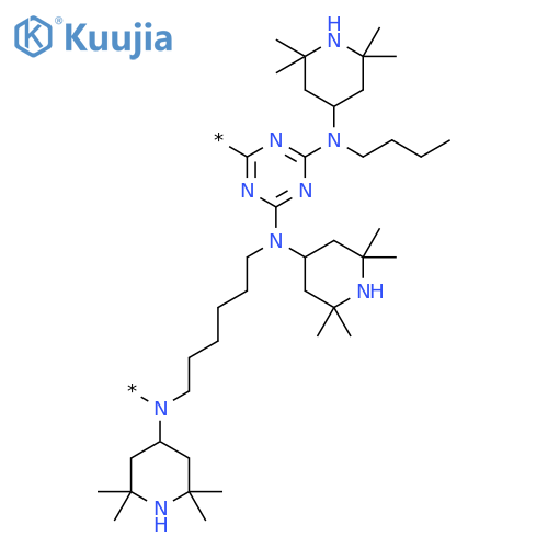 Poly[[6-[butyl(2,2,6,6-tetramethyl-4-piperidinyl)amino]-1,3,5-triazine-2,4-diyl][(2,2,6,6-tetramethyl-4-piperidinyl)imino]-1,6-hexanediyl[(2,2,6,6-tetramethyl-4-piperidinyl)imino]] structure