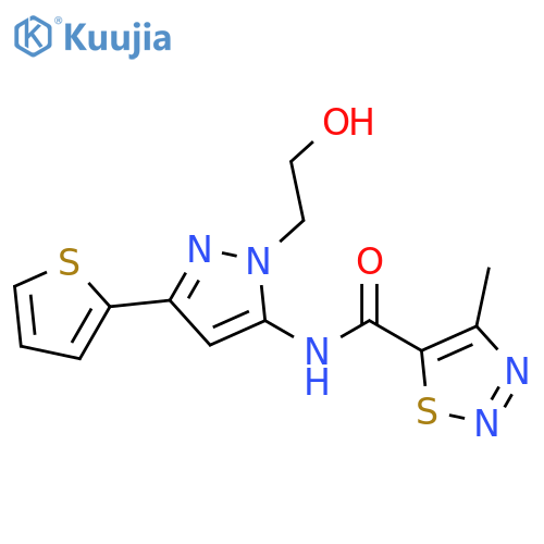 N-1-(2-hydroxyethyl)-3-(thiophen-2-yl)-1H-pyrazol-5-yl-4-methyl-1,2,3-thiadiazole-5-carboxamide structure