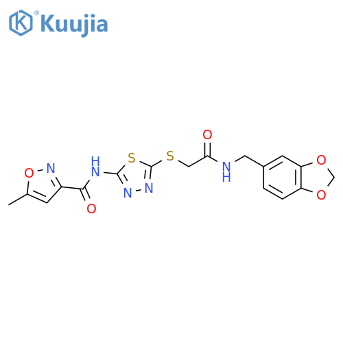 N-{5-({(2H-1,3-benzodioxol-5-yl)methylcarbamoyl}methyl)sulfanyl-1,3,4-thiadiazol-2-yl}-5-methyl-1,2-oxazole-3-carboxamide structure