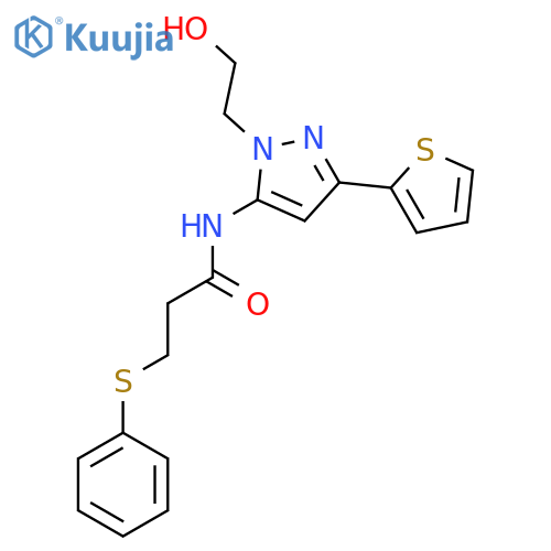 N-1-(2-hydroxyethyl)-3-(thiophen-2-yl)-1H-pyrazol-5-yl-3-(phenylsulfanyl)propanamide structure