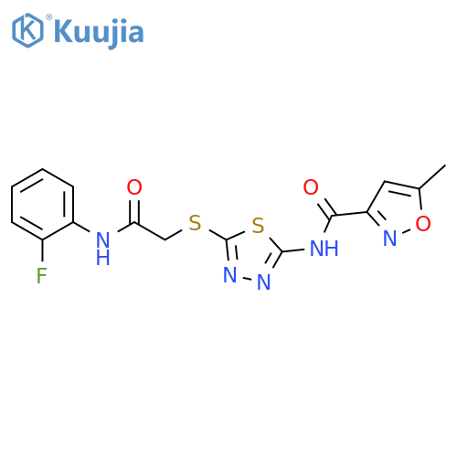 N-5-({(2-fluorophenyl)carbamoylmethyl}sulfanyl)-1,3,4-thiadiazol-2-yl-5-methyl-1,2-oxazole-3-carboxamide structure