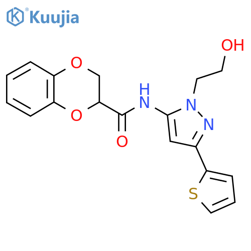 N-1-(2-hydroxyethyl)-3-(thiophen-2-yl)-1H-pyrazol-5-yl-2,3-dihydro-1,4-benzodioxine-2-carboxamide structure
