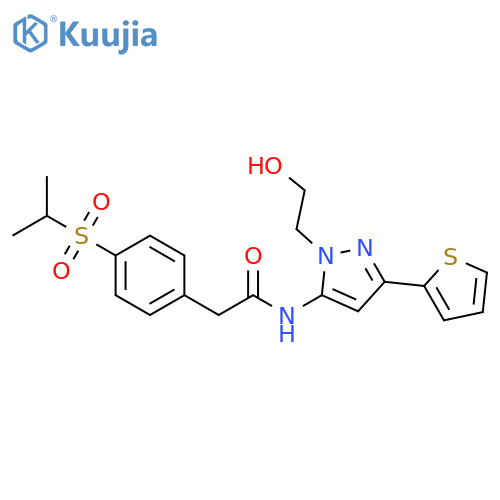 N-1-(2-hydroxyethyl)-3-(thiophen-2-yl)-1H-pyrazol-5-yl-2-4-(propane-2-sulfonyl)phenylacetamide structure