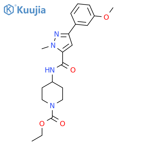 ethyl 4-3-(3-methoxyphenyl)-1-methyl-1H-pyrazole-5-amidopiperidine-1-carboxylate structure