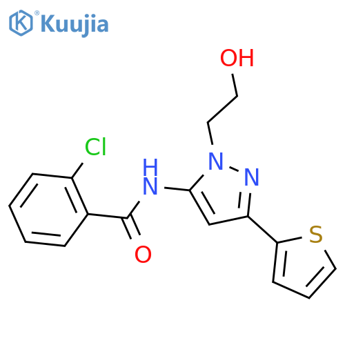 2-chloro-N-1-(2-hydroxyethyl)-3-(thiophen-2-yl)-1H-pyrazol-5-ylbenzamide structure