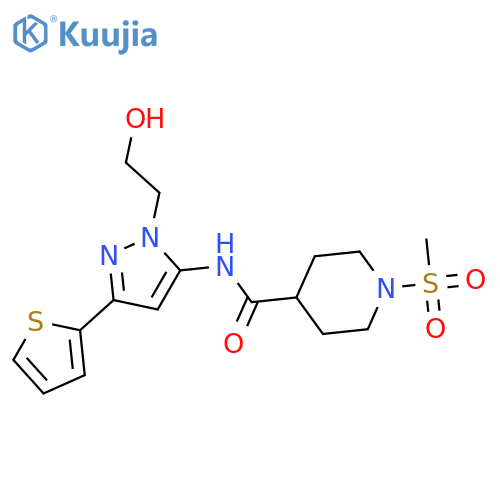 N-1-(2-hydroxyethyl)-3-(thiophen-2-yl)-1H-pyrazol-5-yl-1-methanesulfonylpiperidine-4-carboxamide structure