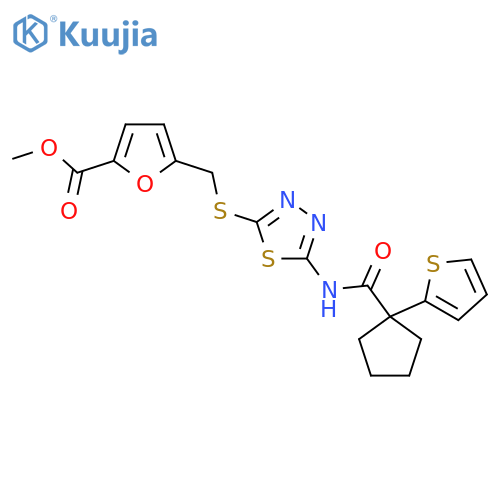 methyl 5-({5-1-(thiophen-2-yl)cyclopentaneamido-1,3,4-thiadiazol-2-yl}sulfanyl)methylfuran-2-carboxylate structure