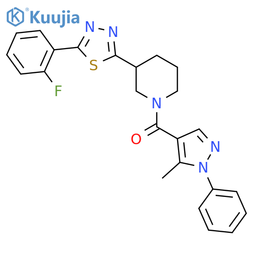 3-5-(2-fluorophenyl)-1,3,4-thiadiazol-2-yl-1-(5-methyl-1-phenyl-1H-pyrazole-4-carbonyl)piperidine structure
