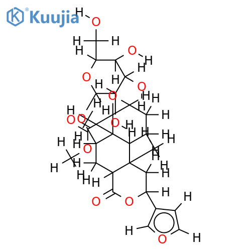 (3R,4R,5R,6S,8R,9S,10S,12S)-15,16-epoxy-3,4-epoxy-6-O-(beta-D-glucopyranosyl)-cleroda-3,13(16),14-trien-17,12-olid-18-oic acid methyl ester structure