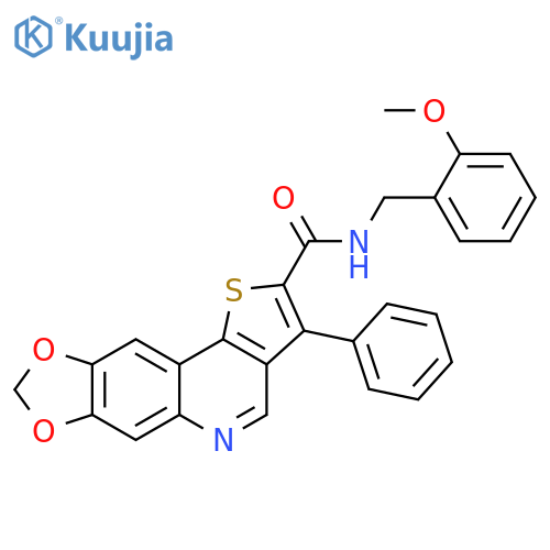 N-[(2-methoxyphenyl)methyl]-5-phenyl-12,14-dioxa-3-thia-8-azatetracyclo[7.7.0.0^{2,6}.0^{11,15}]hexadeca-1(16),2(6),4,7,9,11(15)-hexaene-4-carboxamide structure