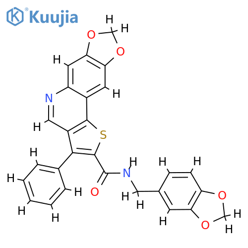 N-[(2H-1,3-benzodioxol-5-yl)methyl]-5-phenyl-12,14-dioxa-3-thia-8-azatetracyclo[7.7.0.0^{2,6}.0^{11,15}]hexadeca-1(16),2(6),4,7,9,11(15)-hexaene-4-carboxamide structure