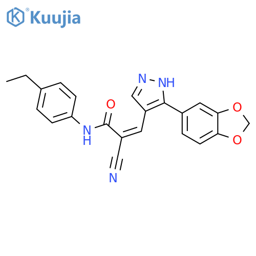 (Z)-3-[5-(1,3-benzodioxol-5-yl)-1H-pyrazol-4-yl]-2-cyano-N-(4-ethylphenyl)prop-2-enamide structure