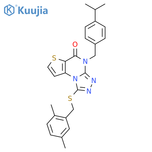12-{[(2,5-dimethylphenyl)methyl]sulfanyl}-8-{[4-(propan-2-yl)phenyl]methyl}-5-thia-1,8,10,11-tetraazatricyclo[7.3.0.0^{2,6}]dodeca-2(6),3,9,11-tetraen-7-one structure
