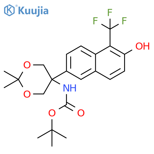 tert-butyl 5-(6-hydroxy-5-(trifluoromethyl)naphthalen-2-yl)-2,2-dimethyl-1,3-dioxan-5-ylcarbamate structure