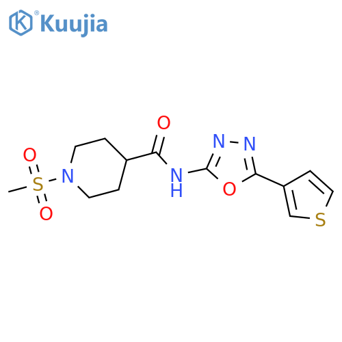 1-methanesulfonyl-N-5-(thiophen-3-yl)-1,3,4-oxadiazol-2-ylpiperidine-4-carboxamide structure