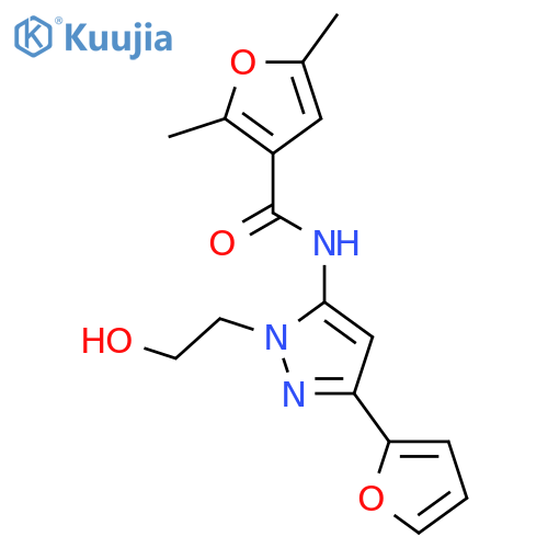 N-[3-(furan-2-yl)-1-(2-hydroxyethyl)-1H-pyrazol-5-yl]-2,5-dimethylfuran-3-carboxamide structure