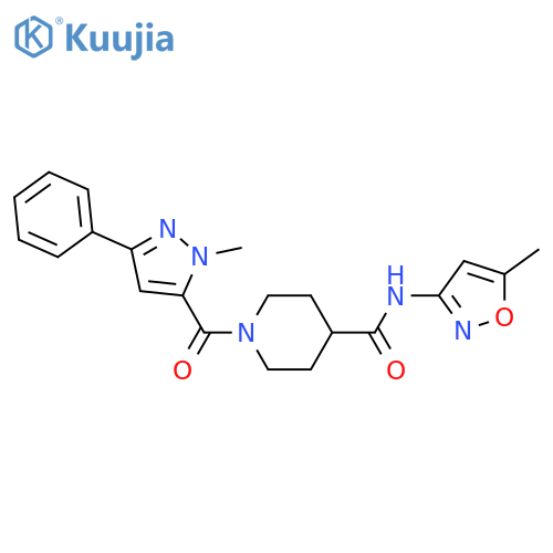 N-(5-methyl-1,2-oxazol-3-yl)-1-(1-methyl-3-phenyl-1H-pyrazole-5-carbonyl)piperidine-4-carboxamide structure