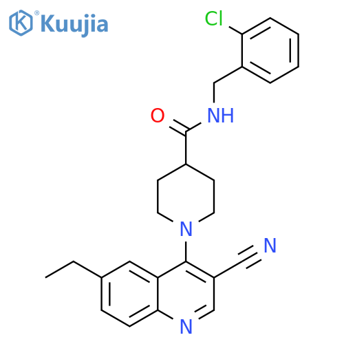 N-[(2-chlorophenyl)methyl]-1-(3-cyano-6-ethylquinolin-4-yl)piperidine-4-carboxamide structure