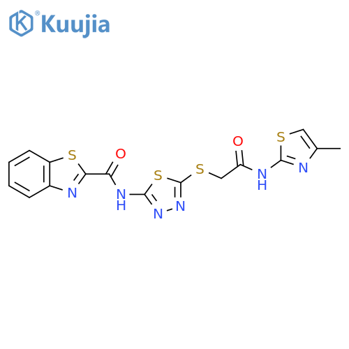 N-[5-({[(4-methyl-1,3-thiazol-2-yl)carbamoyl]methyl}sulfanyl)-1,3,4-thiadiazol-2-yl]-1,3-benzothiazole-2-carboxamide structure
