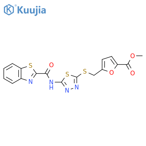 methyl 5-({[5-(1,3-benzothiazole-2-amido)-1,3,4-thiadiazol-2-yl]sulfanyl}methyl)furan-2-carboxylate structure