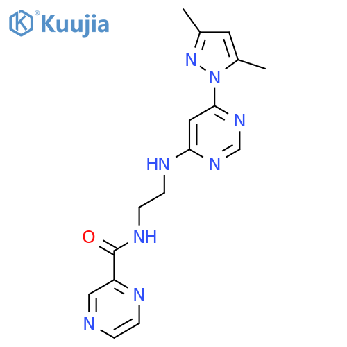 N-(2-{6-(3,5-dimethyl-1H-pyrazol-1-yl)pyrimidin-4-ylamino}ethyl)pyrazine-2-carboxamide structure