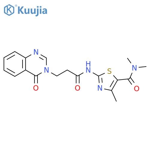 N,N,4-trimethyl-2-3-(4-oxo-3,4-dihydroquinazolin-3-yl)propanamido-1,3-thiazole-5-carboxamide structure