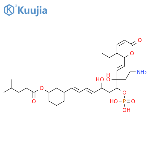 Pentanoic acid,4-methyl-,3-[8-(2-aminoethyl)-10-(3-ethyl-3,6-dihydro-6-oxo-2H-pyran-2-yl)-5,8-dihydroxy-7-(phosphonooxy)-1,3,9-decatrienyl]cyclohexylester structure