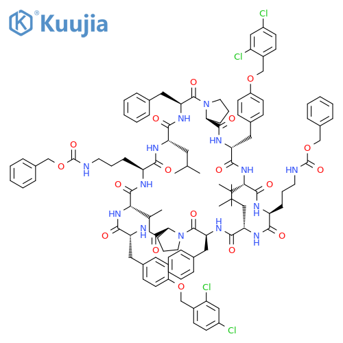 Cyclo[L-leucyl-L-phenylalanyl-L-prolyl-O-[(2,4-dichlorophenyl)methyl]-D-tyrosyl-L-valyl-N5-[(phenylmethoxy)carbonyl]-L-ornithyl-L-leucyl-L-phenylalanyl-L-prolyl-O-[(2,4-dichlorophenyl)methyl]-D-tyrosyl-L-valyl-N5-[(phenylmethoxy)carbonyl]-L-ornithyl] structure