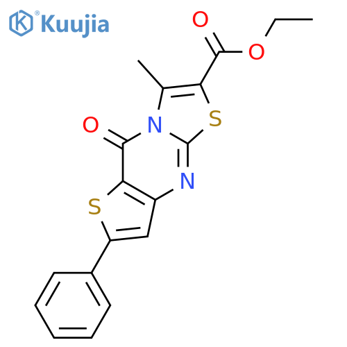 9H-Thiazolo[3,2-a]thieno[3,2-d]pyrimidine-6-carboxylicacid, 7-methyl-9-oxo-2-phenyl-, ethyl ester structure