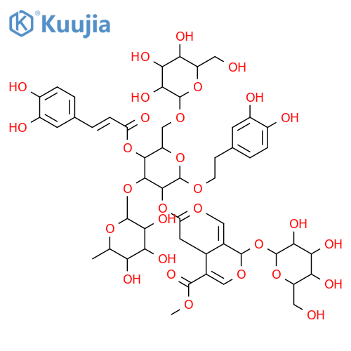 b-D-Glucopyranoside,2-(3,4-dihydroxyphenyl)ethyl O-6-deoxy-a-L-mannopyranosyl-(1&reg;3)-O-[b-D-glucopyranosyl-(1&reg;6)]-, 4-[(2E)-3-(3,4-dihydroxyphenyl)-2-propenoate] 2-[(2S,3E,4S)-3-ethylidene-2-(b-D-glucopyranosyloxy)-3,4-dihydro-5-(methoxycarbonyl)-2H-pyran-4-acetate](9CI) structure