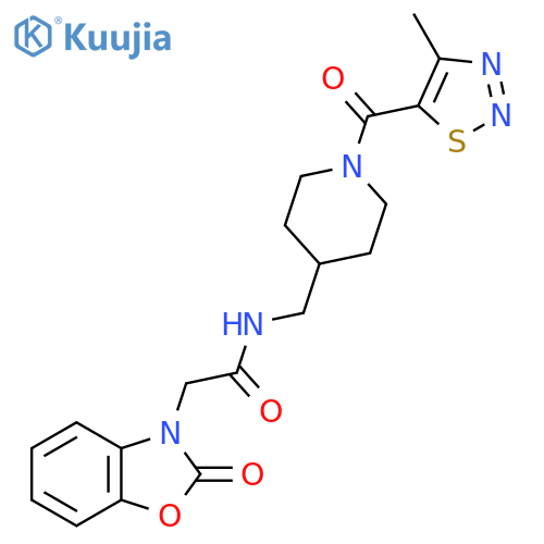 N-{1-(4-methyl-1,2,3-thiadiazole-5-carbonyl)piperidin-4-ylmethyl}-2-(2-oxo-2,3-dihydro-1,3-benzoxazol-3-yl)acetamide structure