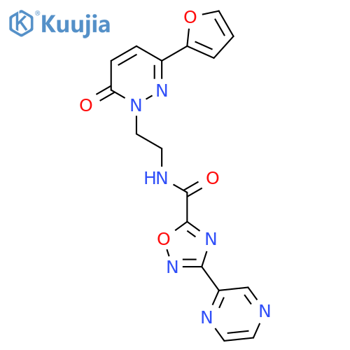 N-{2-3-(furan-2-yl)-6-oxo-1,6-dihydropyridazin-1-ylethyl}-3-(pyrazin-2-yl)-1,2,4-oxadiazole-5-carboxamide structure