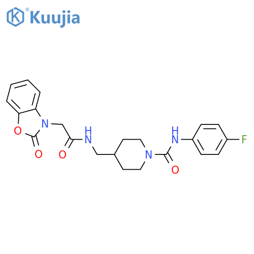 N-(4-fluorophenyl)-4-{2-(2-oxo-2,3-dihydro-1,3-benzoxazol-3-yl)acetamidomethyl}piperidine-1-carboxamide structure