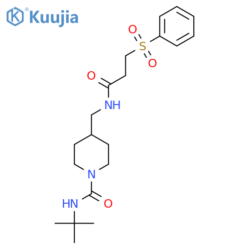 4-{3-(benzenesulfonyl)propanamidomethyl}-N-tert-butylpiperidine-1-carboxamide structure