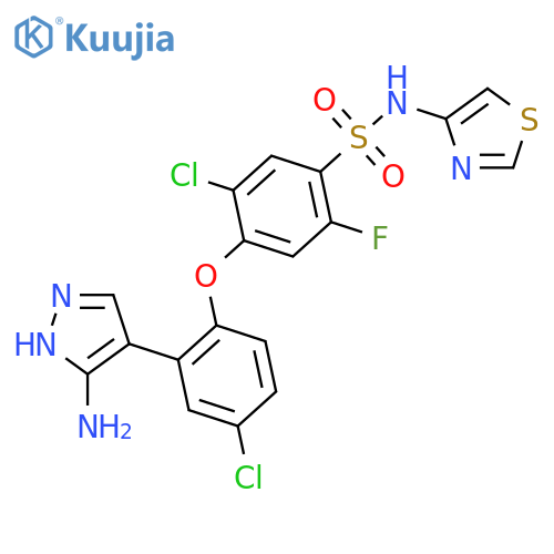 4-[2-(5-amino-1H-pyrazol-4-yl)-4-chlorophenoxy]-5-chloro-2-fluoro-N-(1,3-thiazol-4-yl)benzenesulfonamide structure