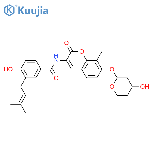 Benzamide, 4-hydroxy-3-(3-methyl-2-buten-1-yl)-N-[8-methyl-2-oxo-7-[[(2R,4R)-tetrahydro-4-hydroxy-2H-pyran-2-yl]oxy]-2H-1-benzopyran-3-yl]- structure