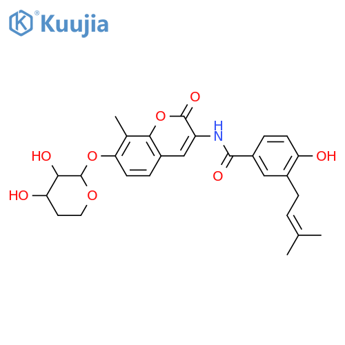 Benzamide, N-[7-[(4-deoxy-β-D-erythro-pentopyranosyl)oxy]-8-methyl-2-oxo-2H-1-benzopyran-3-yl]-4-hydroxy-3-(3-methyl-2-buten-1-yl)- structure