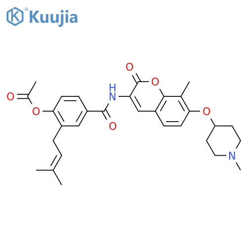 Benzamide, 4-(acetyloxy)-3-(3-methyl-2-buten-1-yl)-N-[8-methyl-7-[(1-methyl-4-piperidinyl)oxy]-2-oxo-2H-1-benzopyran-3-yl]- structure