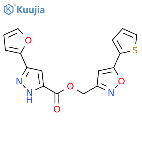 5-(thiophen-2-yl)-1,2-oxazol-3-ylmethyl 3-(furan-2-yl)-1H-pyrazole-5-carboxylate structure