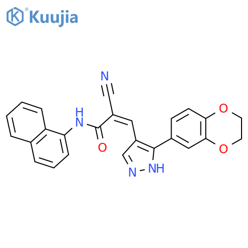 (Z)-2-cyano-3-[5-(2,3-dihydro-1,4-benzodioxin-6-yl)-1H-pyrazol-4-yl]-N-naphthalen-1-ylprop-2-enamide structure