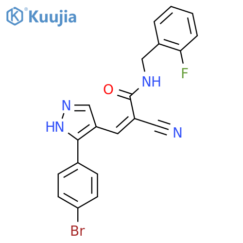 (Z)-3-[5-(4-bromophenyl)-1H-pyrazol-4-yl]-2-cyano-N-[(2-fluorophenyl)methyl]prop-2-enamide structure
