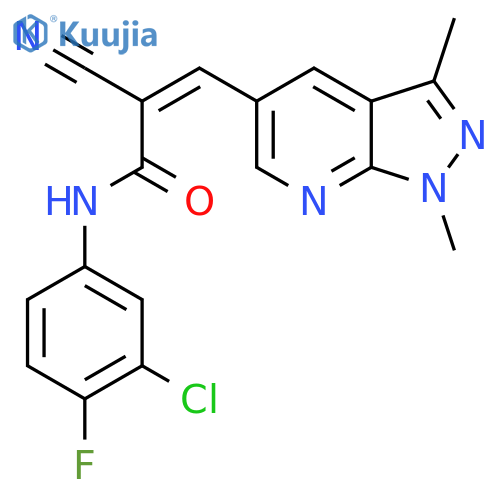 (Z)-N-(3-chloro-4-fluorophenyl)-2-cyano-3-(1,3-dimethylpyrazolo[3,4-b]pyridin-5-yl)prop-2-enamide structure