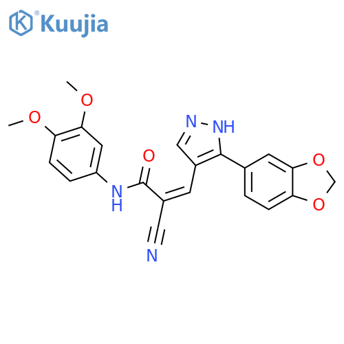 (Z)-3-[5-(1,3-benzodioxol-5-yl)-1H-pyrazol-4-yl]-2-cyano-N-(3,4-dimethoxyphenyl)prop-2-enamide structure