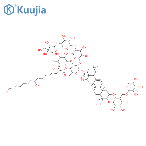 Olean-12-en-28-oicacid, 3-[(6-O-a-L-arabinopyranosyl-b-D-glucopyranosyl)oxy]-2,16,23-trihydroxy-,O-D-apio-b-D-furanosyl-(1&reg;4)-O-b-D-xylopyranosyl-(1&reg;4)-O-6-deoxy-a-L-mannopyranosyl-(1&reg;2)-O-[b-D-glucopyranosyl-(1&reg;3)]-6-deoxy-4-O-(2,9,16-trihydroxy-1-oxohexadecyl)-b-D-galactopyranosyl ester, (2b,3b,4a,16a)- (9CI) structure